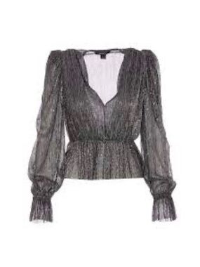 Sabina Musayev Sheer Metallic Black Peplum Blouse